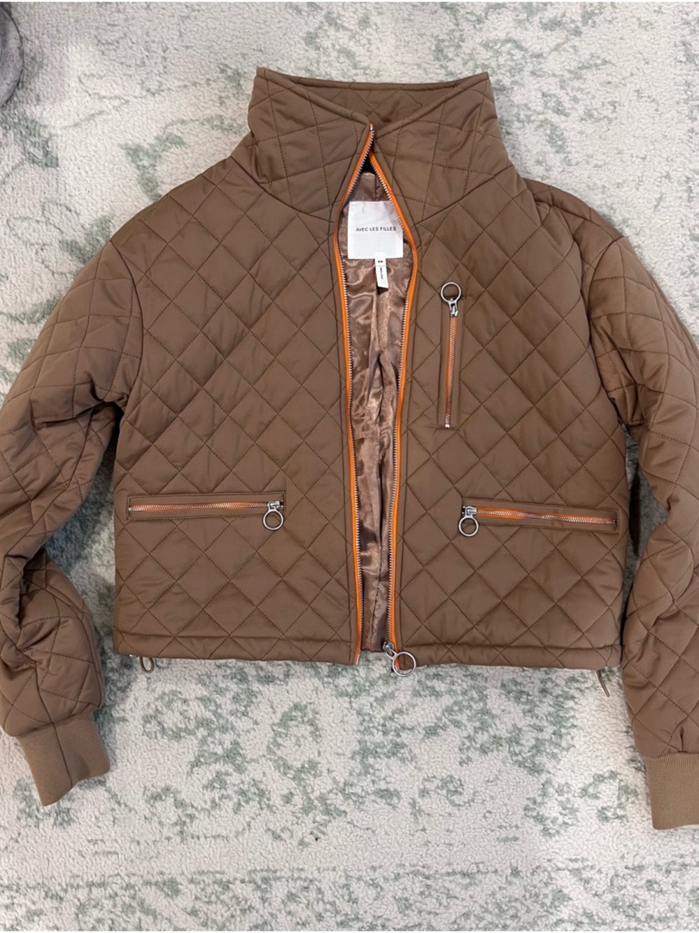 Avec Les Filles Quilted Jacket in Brown with Orange Trim